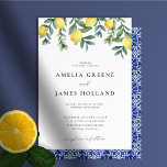 Convite Casamento Elegante Lemon Botanical Blue Mediterrân<br><div class="desc">Convite para casamento de limão-limão-de-limão-água elegante. O design apresenta ilustrações elegantes e rústicas de aquarelas de limões e verde e azulejo azul e branco italiano. Há uma mistura de escrita moderna e tipografia clássica. Personalize o tipo do seu casamento. Projetado tendo em mente a costa de Amalfi da Itália.</div>