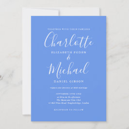 Convite Casamento Elegante Letra Azul Cornflower Assinatur