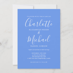 Convite Casamento Elegante Letra Azul Cornflower Assinatur