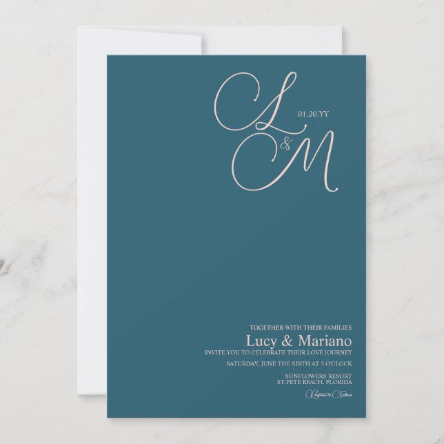 Convite Casamento Elegante Letra Azul Rosa Monogramada  (Frente)