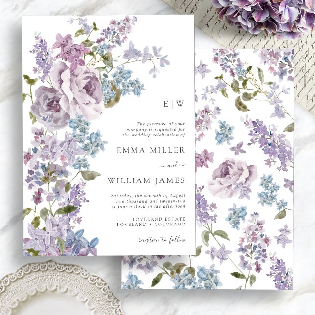 Convite Casamento Elegante Lilac Greenery (Elegant Lilac Greenery Wedding Invitation with Monogram by Painted Paperie
)