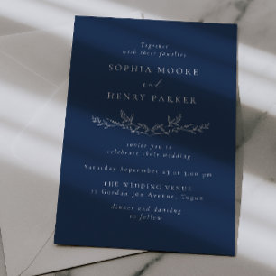 Convite Casamento Elegante Linha Arte Azul Marinho