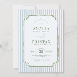 Convite Casamento Elegante Listrado de Azul e Verde Salvia