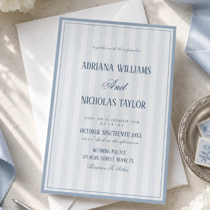 Convite Casamento Elegante Listrado de Azul Poeirento