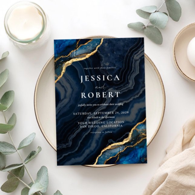Convite Casamento Elegante Marble de Agato Azul marinho (Criador carregado)