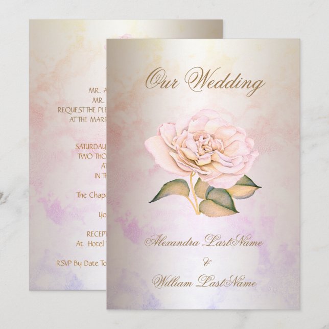 Convite Casamento Elegante Mármore Rosa Creme (Frente/Verso)