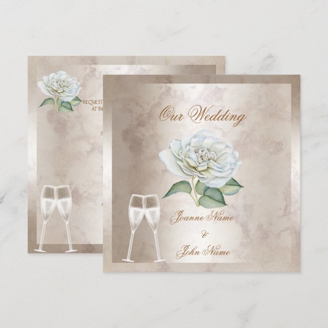Convite Casamento Elegante Mármore Rosa Creme Branco Champ (Frente/Verso)
