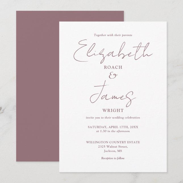 Convite Casamento Elegante Mauve Mínimo moderno (Frente/Verso)