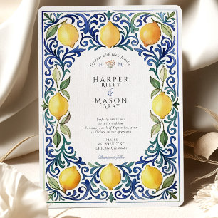 Convite Casamento Elegante Mediterrâneo Limão e Azulejo Az
