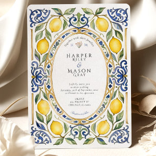 Convite Casamento Elegante Mediterrâneo Limão e Azulejo Az