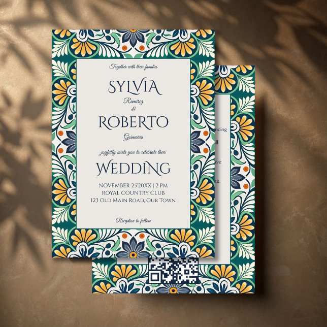 Convite Casamento elegante mexicano Talavera Azulejo com R (Mexican Talavera Azulejo elegant wedding Invitations with RSVP elegant vintage cards template)