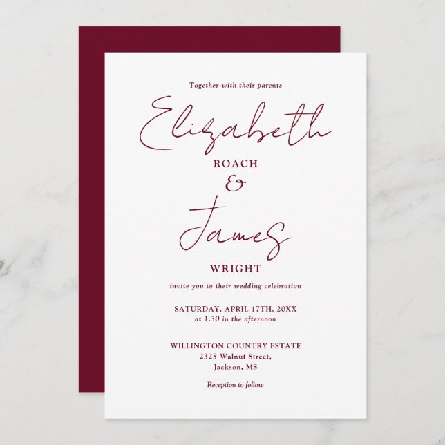 Convite Casamento Elegante Minimalista Burgundy (Frente/Verso)