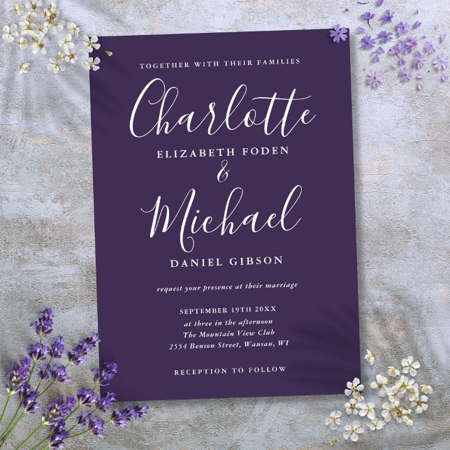 Convite Casamento Elegante Minimalista Roxo (Purple Minimalist Elegant Script Wedding Invitation)