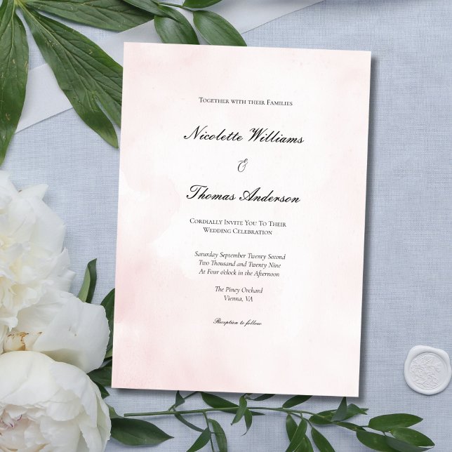 Convite Casamento Elegante Mínimo de Cor de Água Rosa Esbr (Blush Pink Watercolor Elegant Formal Wedding invitation)