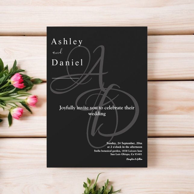 Convite Casamento Elegante Mínimo De Monograma Branco E Pr (Criador carregado)