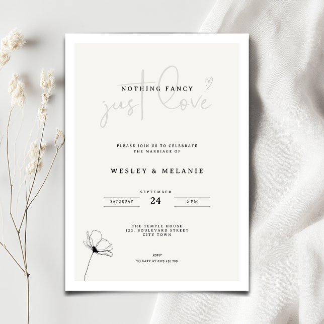 Convite Casamento Elegante Mínimo Flor Nada de Luxo (Nothing fancy just love minimalist wedding invitation with line art flower)