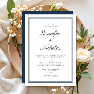 Convite Casamento Elegante Moderno Azul Marinho Script