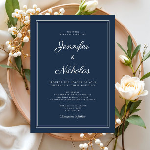 Convite Casamento Elegante Moderno Azul Marinho Script