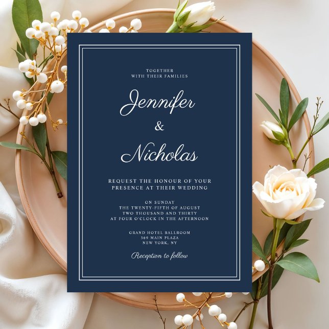 Convite Casamento Elegante Moderno Azul Marinho Script (Elegant Modern Navy Blue Script Wedding Invitation)