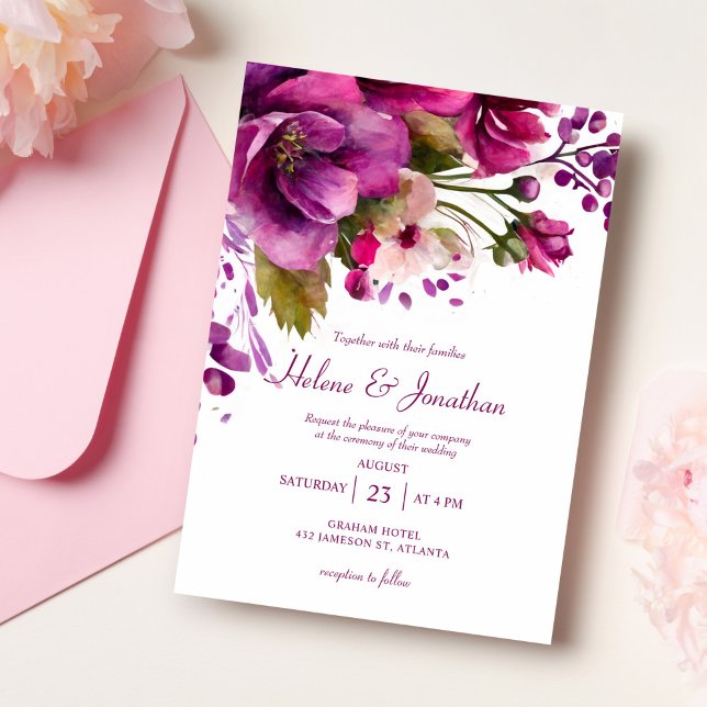 Convite Casamento Elegante Moderno Botânico Cor de Água Ro (Pink Watercolor Botanical Modern Elegant Wedding Invitation)