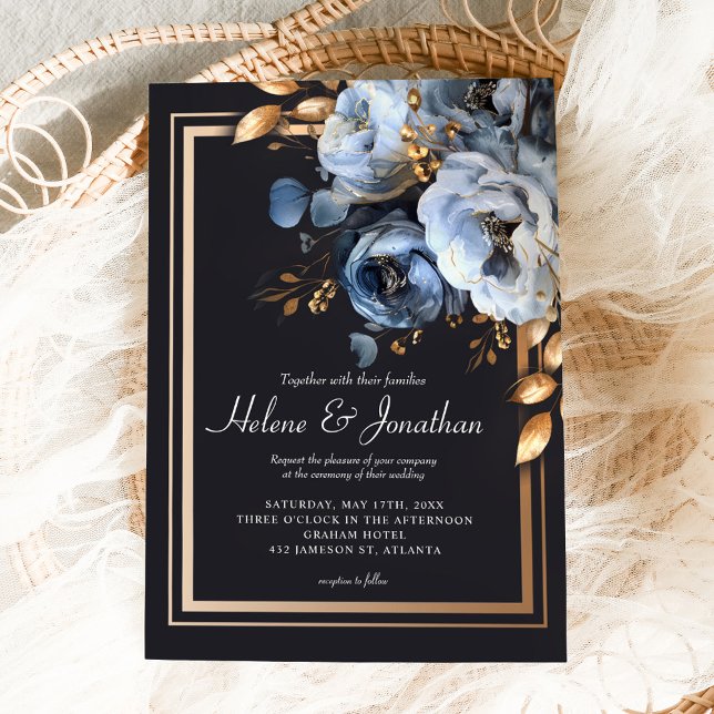 Convite Casamento Elegante Moderno com Cor de Água Dourada (Dusty Blue Gold Watercolor Modern Elegant Wedding Invitation)