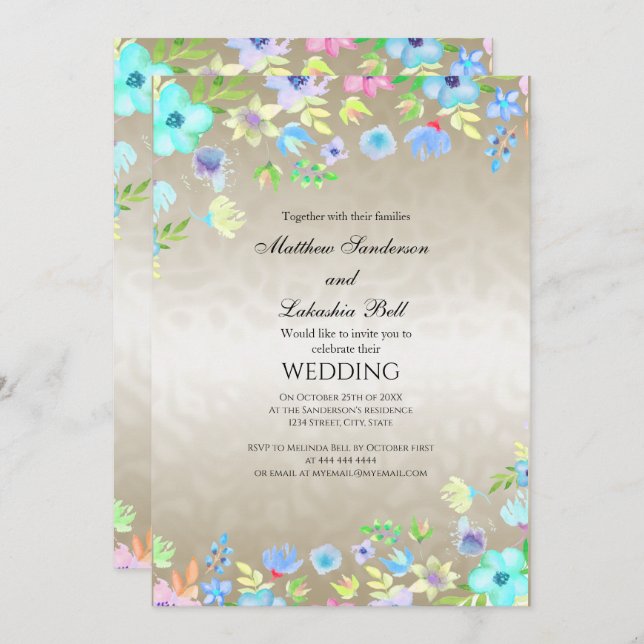 Convite Casamento Elegante Moderno com Flores Teais (Frente/Verso)