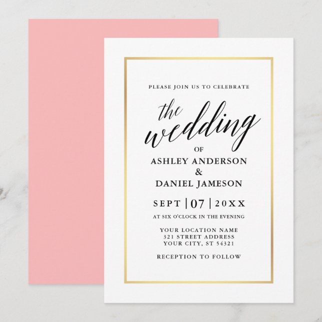 Convite Casamento Elegante Moderno da Caligrafia Rosa Dour (Frente/Verso)