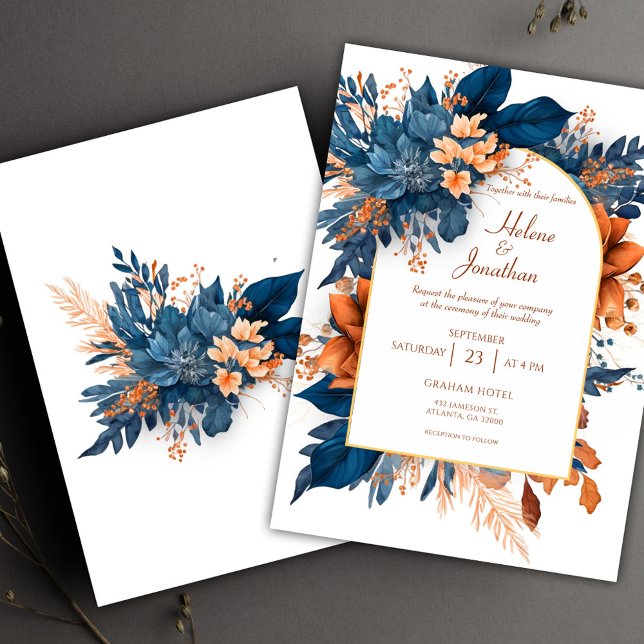 Convite Casamento Elegante Moderno de Indigo Rust Boho Wat (Indigo Rust Boho Watercolor Modern Elegant Wedding Invitation)