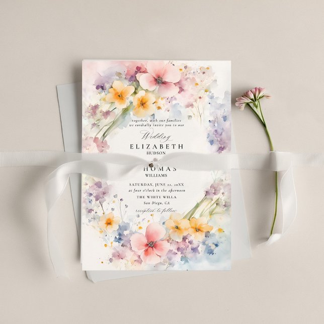 Convite Casamento Elegante Moderno de Jardim das Florestas (wildflower wedding theme invitation watercolor happy meadow modern classic elegant spring summer)