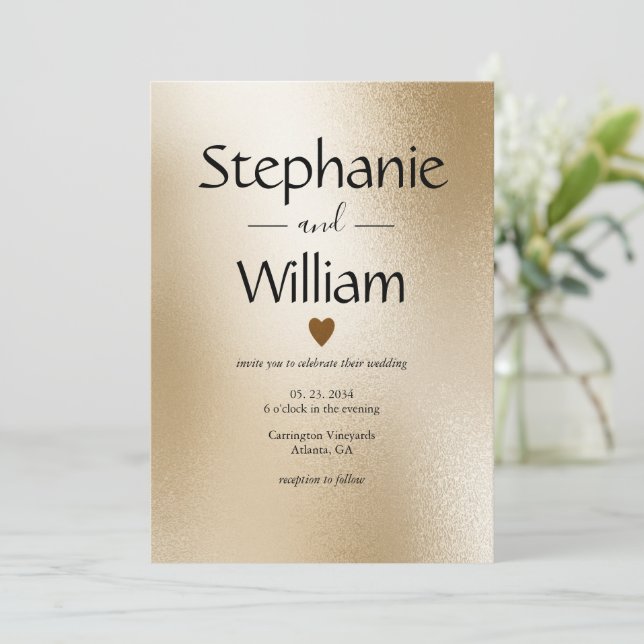 Convite Casamento Elegante Moderno do Coração Metálico Dou (Em pé/Frente)