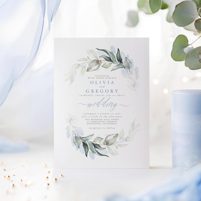 Convite Casamento Elegante Moderno e Azul Verde (Dusty Blue Greenery Minimalist Wedding Invitations)