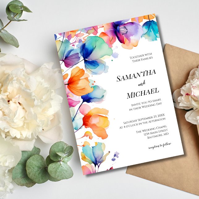 Convite Casamento Elegante Moderno e Floral de Bright Wate (Bright Bold Watercolor Floral Modern Elegant Wedding Invitation)