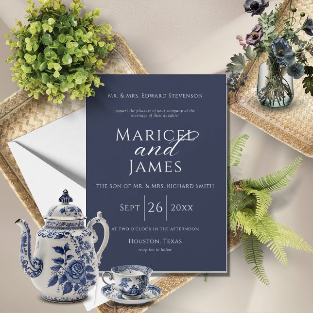 Convite Casamento Elegante Moderno e Simples marinho Azul (Criador carregado)