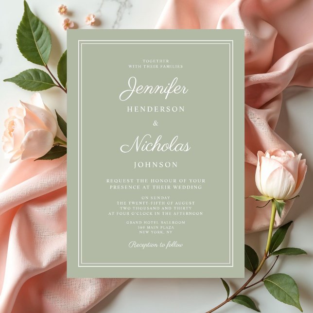 Convite Casamento Elegante Moderno em Verde Sage com Letra (Elegant Modern Sage Green Script Wedding Invitation)