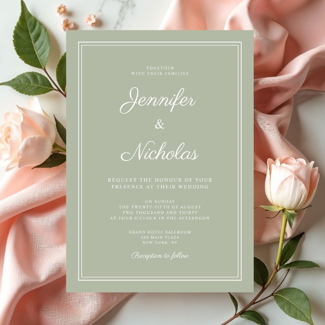 Convite Casamento Elegante Moderno em Verde Sage com Letra (Elegant Modern Sage Green Script Wedding Invitation)