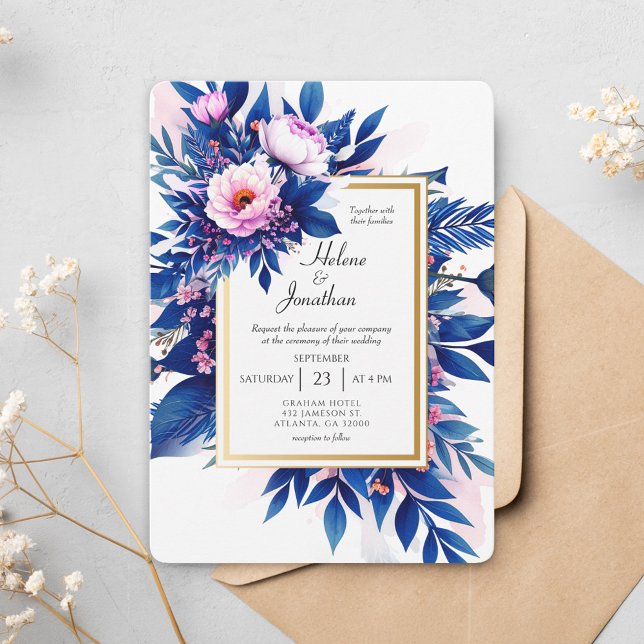Convite Casamento Elegante Moderno Moderno Floral Cor-de-A (Cobalt Blue Pink Floral Modern Elegant Wedding Invitation)