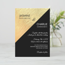 Convite Casamento Elegante Moderno Preto e Dourado com Fol