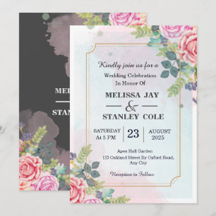 Convite Casamento Elegante Moderno Verde Floral Watercolor
