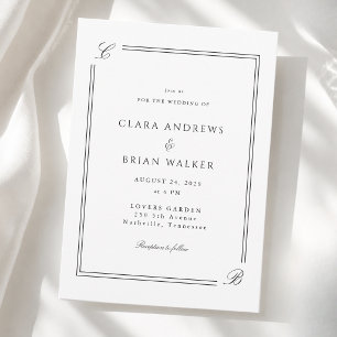 Convite Casamento Elegante Monograma Branco Borda Preta