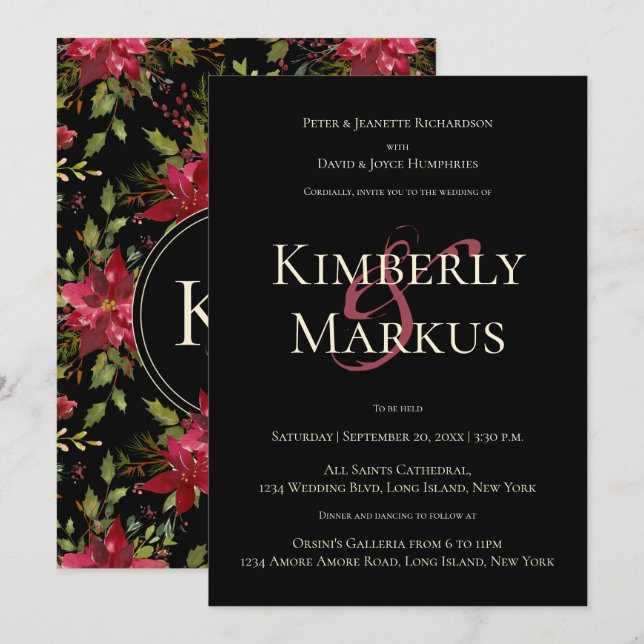 Convite Casamento Elegante Monograma Claret Red Poinsettia (Frente/Verso)