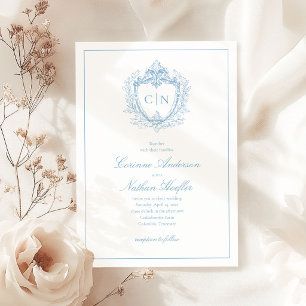 Convite Casamento Elegante Monograma Crista Azul Empoeirad