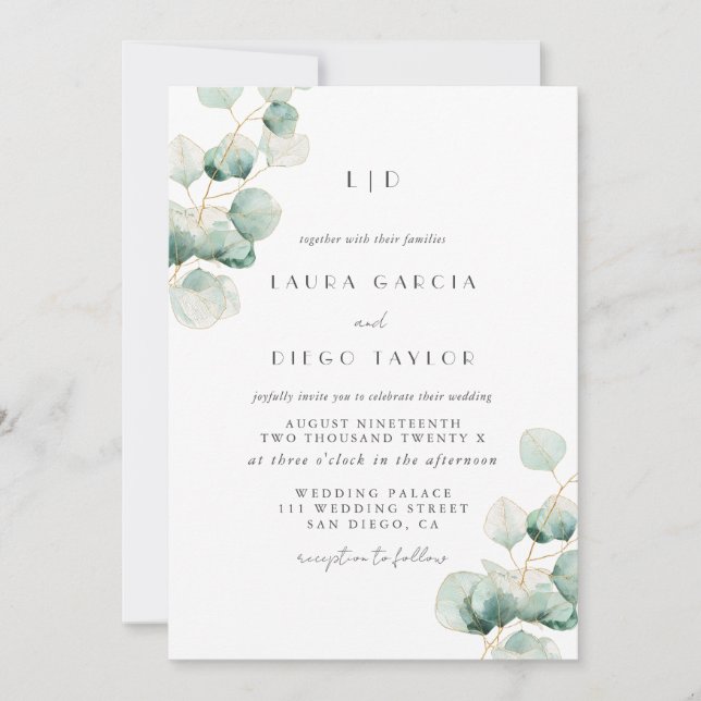 Convite Casamento Elegante Monograma de Eucalipto (Frente)