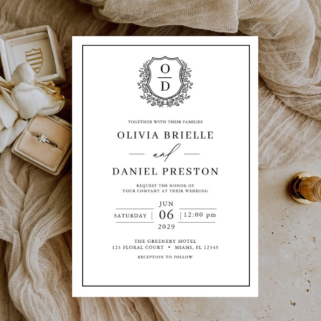 Convite Casamento Elegante Monograma de Folha Negra Branca (Criador carregado)