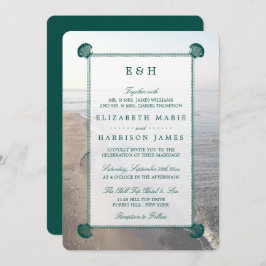 Convite Casamento Elegante Monograma & Teal Scallop Beach