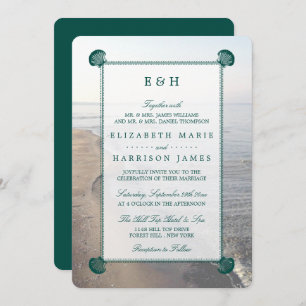 Convite Casamento Elegante Monograma & Teal Scallop Beach