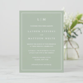 Convite Casamento Elegante Monograma Verde de Sage Simples