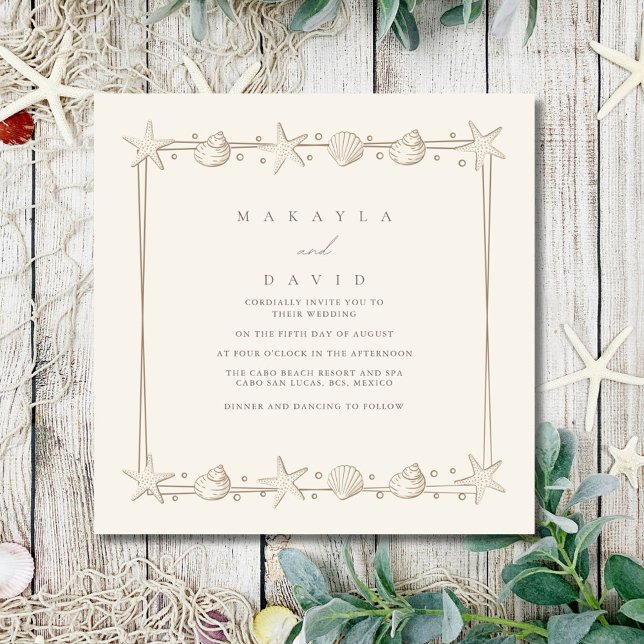 Convite Casamento Elegante na Praia à Beira-Mar com Concha (Elegant Coastal Seaside Seashell Beach Wedding Invitation)