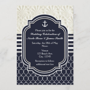 Convite Casamento Elegante na Praia com Azul Marinho e Bra