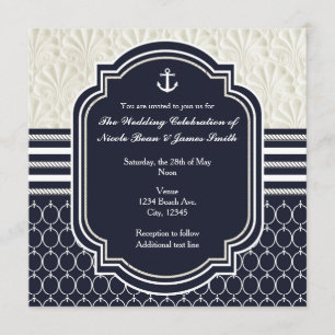 Convite Casamento Elegante na Praia com Azul Marinho e Bra