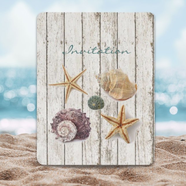 Convite casamento elegante na praia de madeira conchas (elegant coastal wood seashells beach wedding invitation)